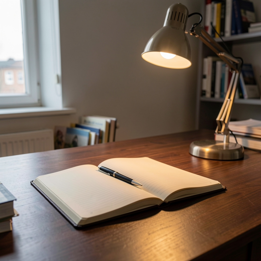 Open notebook and pen on a dark wooden desk in the Dargo Gazette editorial office, warm desk lamp illuminating the workspace