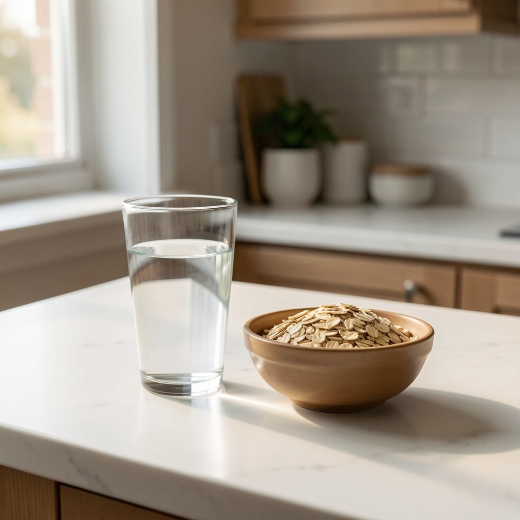 Glass of water and a small bowl of oats on a clean kitchen countertop, natural morning light from a window to the left