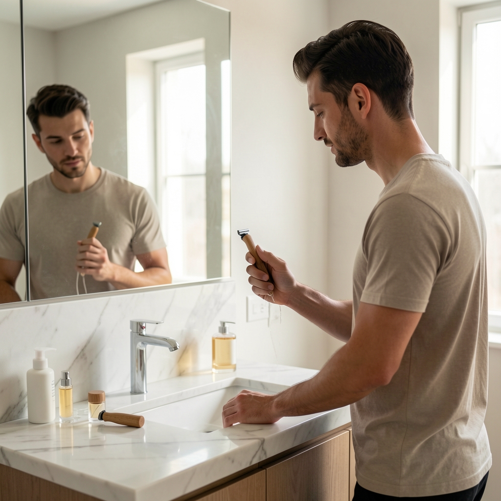 Man standing at a minimalist bathroom vanity in soft morning light, grooming routine with wooden-handled razor and glass cologne bottle arranged on white marble surface, reflected in large mirror