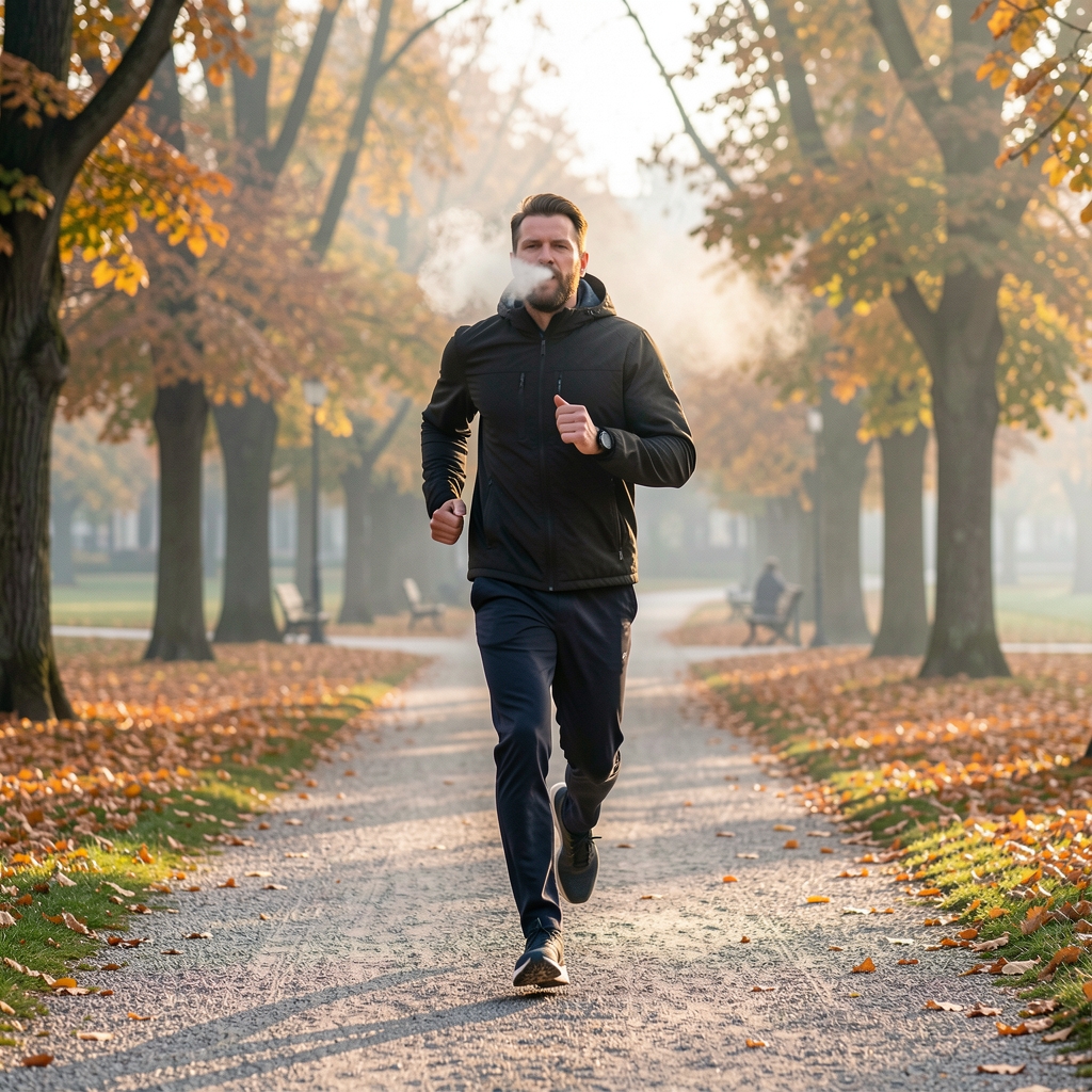 Man running on a gravel path through a Vienna park in early morning light, breath visible in cool air, autumn leaves on the ground