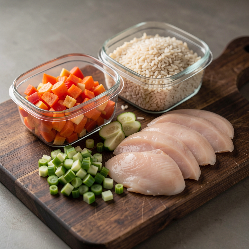 Chopped vegetables, whole grain rice, and sliced chicken breast arranged on a dark wooden chopping board, ready to be assembled into containers